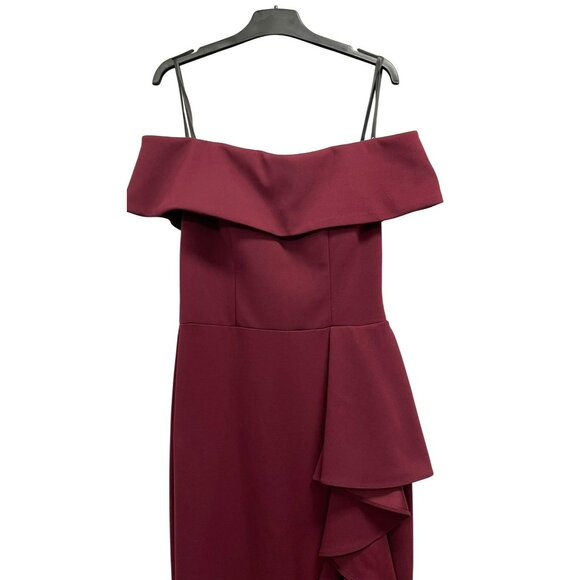 XSCAPE Evening Gown Off The Shoulder Burgundy Size 2P Ruffled High Slit NEW $249 - Picture 4 of 7